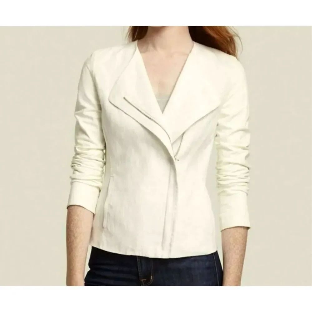 Vince Cream Linen Moto Jacket Leather Sleeves Silk Lined Asymmetrical Size 2